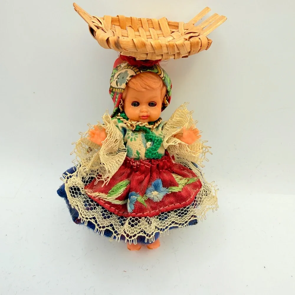 Vintage Cultural Souvenir Doll with Wicker Basket Sleep Eyes Folk Costume 4.5in
